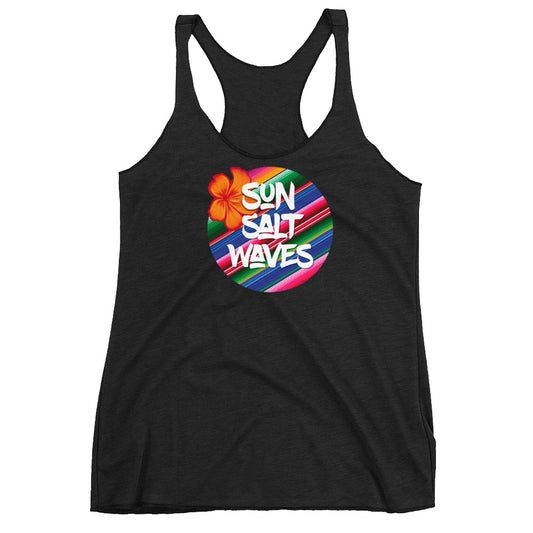 Serape Racerback Tank Graphic Tank Orange Hibiscus and Sun Salt Waves on a Serape Circle Women’s Junior’s Sun Salt Waves Black