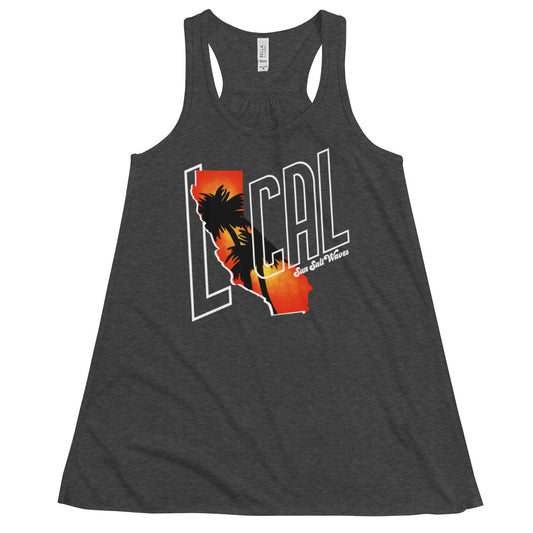 Cali ‘Local’ Flowy Racerback Tank Local Sunset Palms California Silhouette Graphic Tank Women’s Junior’s Sun Salt Waves Charcoal Heather