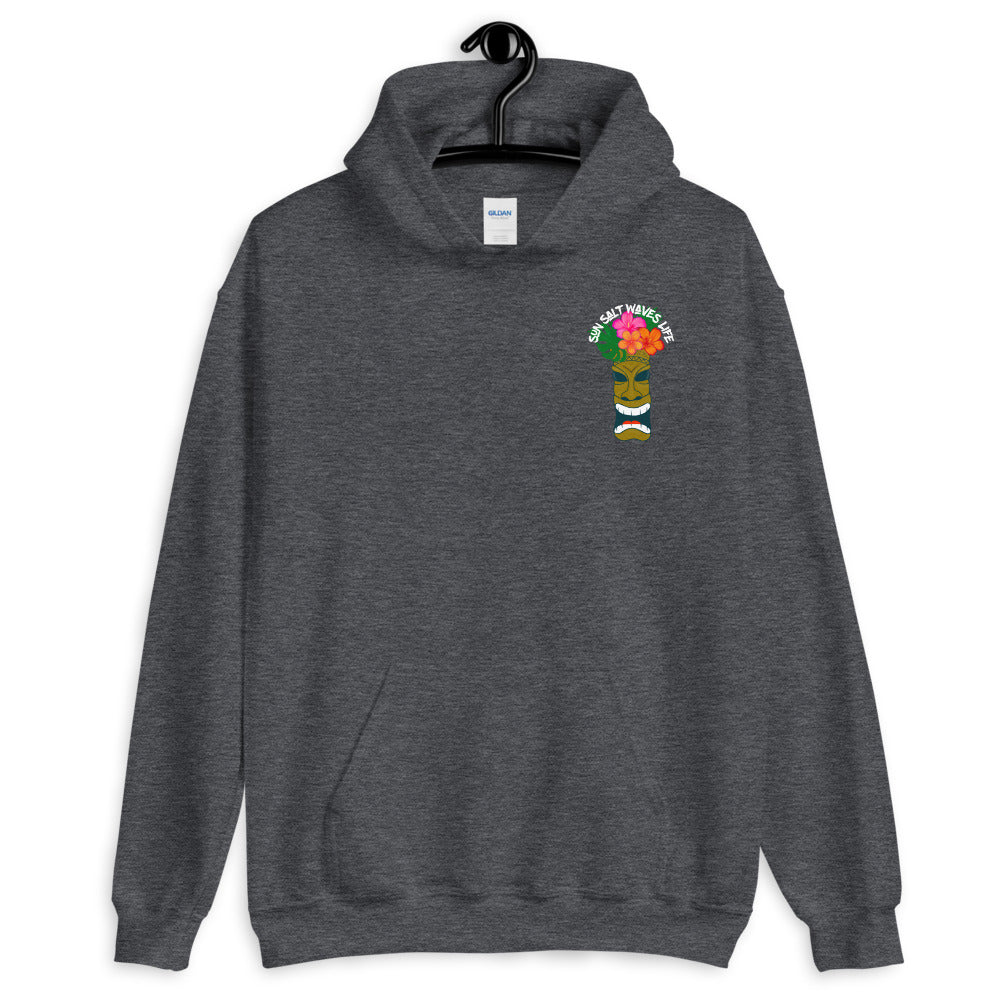 Sun Salt Waves Tiki Dark Heather Grey Hoodie Unisex Men's Women's Graphic Tiki with Flower Crown