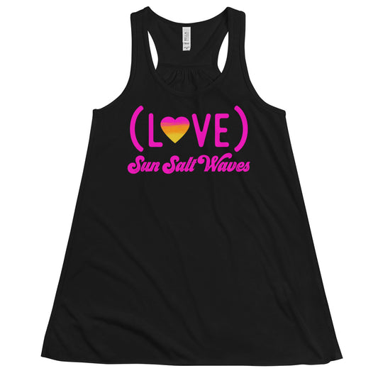 Love Life Flowy Racerback Tank Graphic Tank Love with Heart in Sunset Colors Women’s Junior’s Sun Salt Waves Black