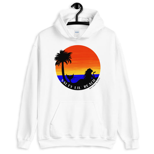 Sun Salt Waves Salty Beach Hoodie Mermaid and Palm Silhouettes Colorful Sea and Sunset White