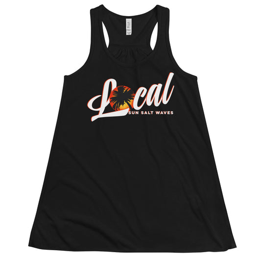 Sunset ‘Local’ Flowy Racerback Tank Sunset with Palm Silhouette Junior Women Sun Salt Waves Black