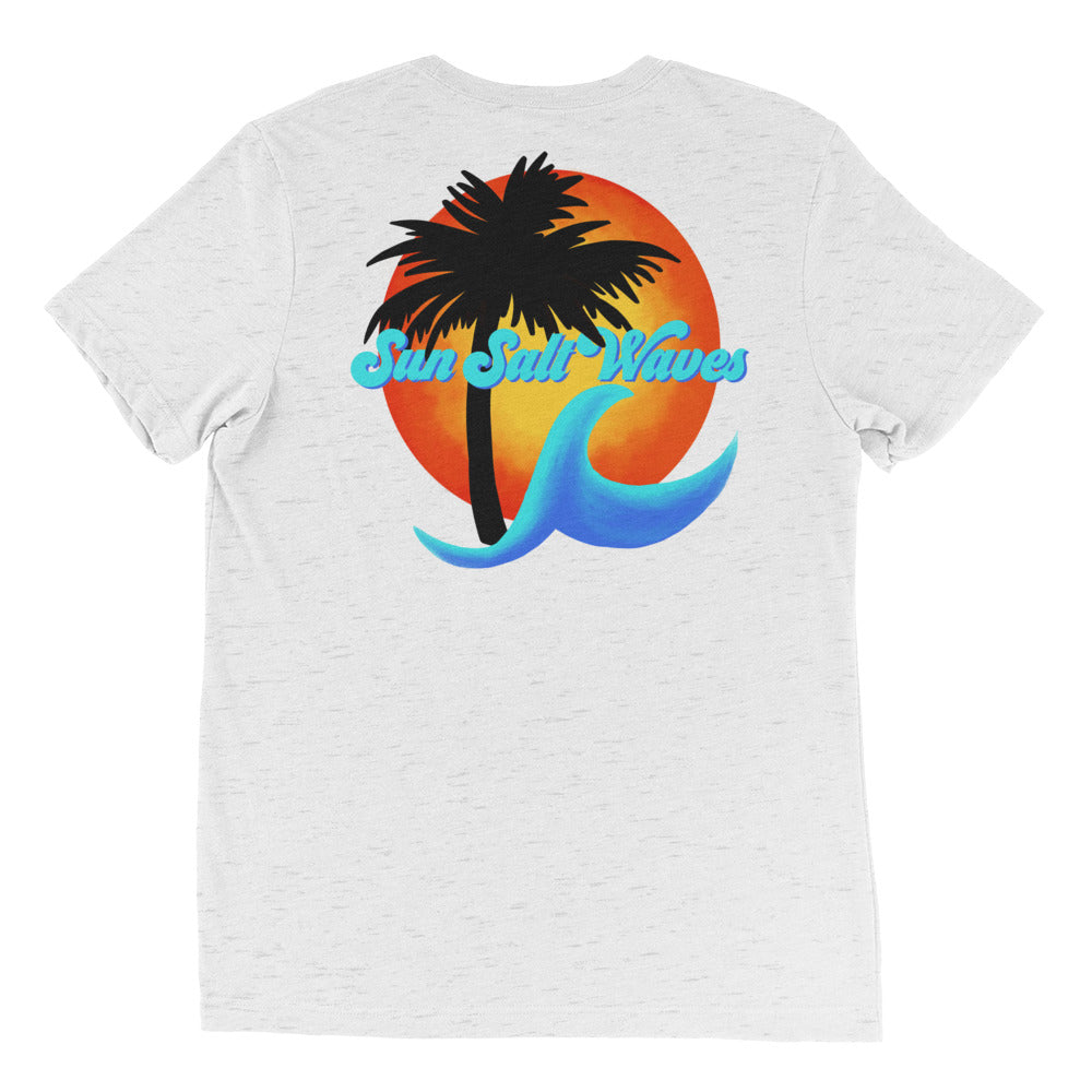 Sun Salt Waves Hibiscus Tee Unisex Graphic Tee Sun Salt Waves Orange Hibiscus, Palm Silhouette, Multicolor Sun and Wave Front and Back Print Men’s Women’s Heather White