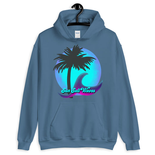 Sun Salt Waves Night Moon Indigo Blue Hoodie Unisex Men’s Women’s Graphic Moon Multi Color Wave and Palm Silhouette