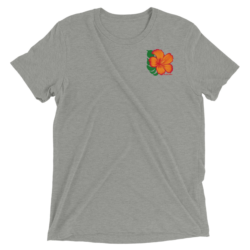 Sun Salt Waves Hibiscus Tee Unisex Graphic Tee Sun Salt Waves Orange Hibiscus, Palm Silhouette, Multicolor Sun and Wave Front and Back Print Men’s Women’s Heather Gray