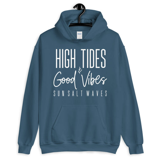 Sun Salt Waves High Tides and Good Vibes Indigo Blue Hoodie Unisex Men’s Women’s Graphic