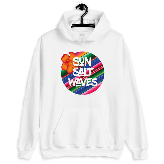 Sun Salt Waves Serape White Hoodie Unisex Men's Women's Graphic Orange Hibiscus, Sun Salt Waves and Serape Circle