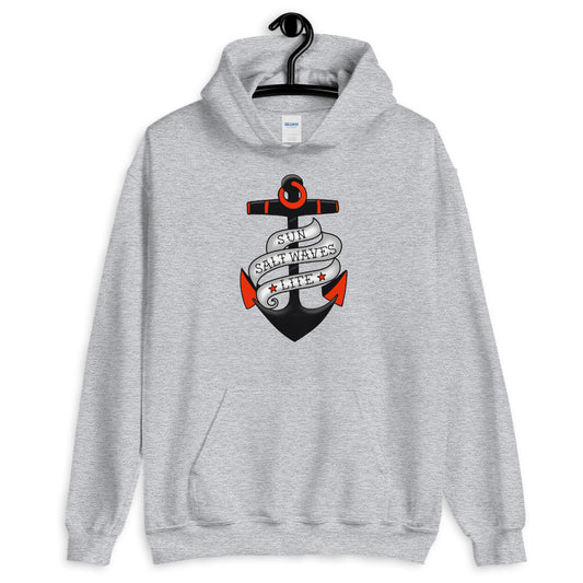 Sink or Swim Hoodie Red Black and White Vintage Tattoo Anchor Sun Salt Waves Unisex Heather Gray