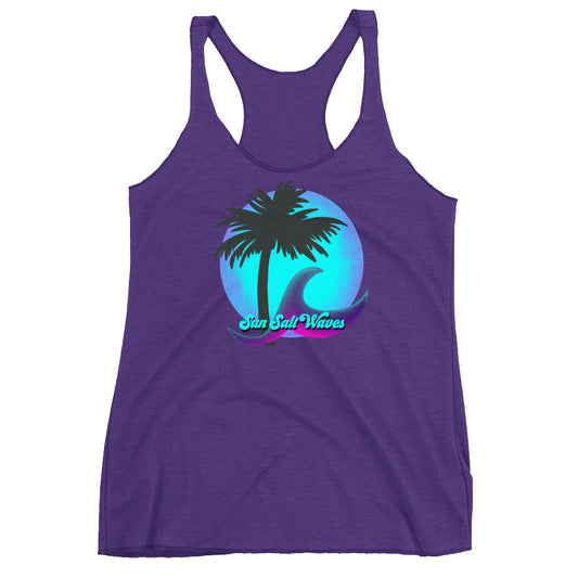 Night Moon Racerback Tank Palm Silhouette and Wave Women Junior Purple