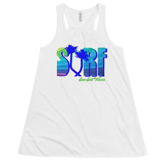 Surf Life Flowy Racerback Tank from Sun Salt Waves Colorful Typography and Palm Silhouettes White