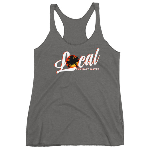 Sunset ‘Local’ Racerback Tank Sunset and Palm Silhouette Women Junior Sun Salt Waves Heather Gray 