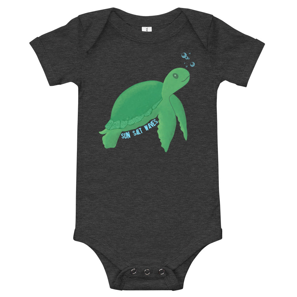 Back to the Sea Onesie from Sun Salt Waves features our adorable, beach ready, sea turtle design Heather Charcoal, Grey, boy’s, girl’s, and unisex, baby, toddlers, infants short sleeve 