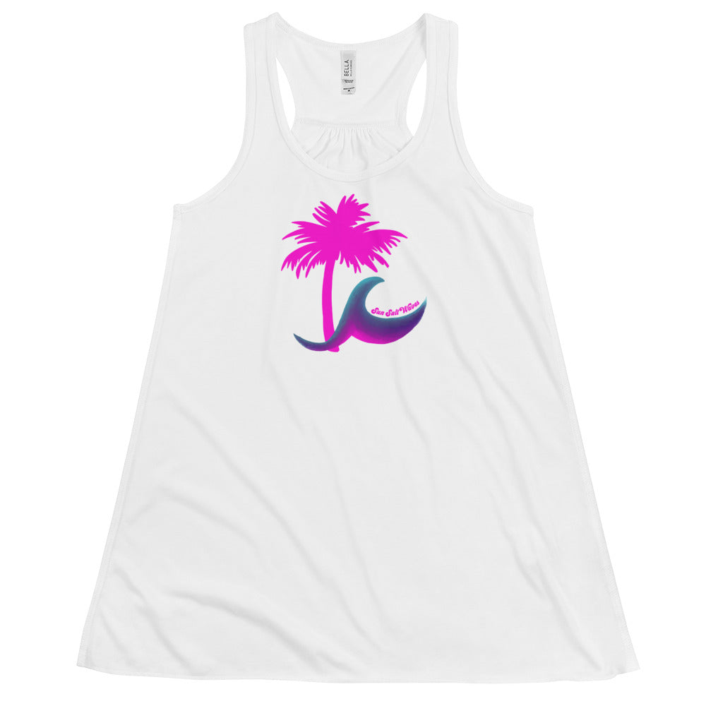 Paradise  Palm Flowy Racerback Tank Graphic TanK Hot Pink Palm Multi Color Wave Women’s Junior’s Sun Salt Waves White