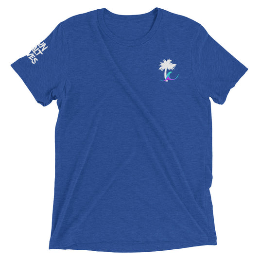 Paradise  Palm Tee Unisex Graphic Tee Palm and Wave Sun Salt Waves on Sleeve Men’s Women’s Royal Blue 