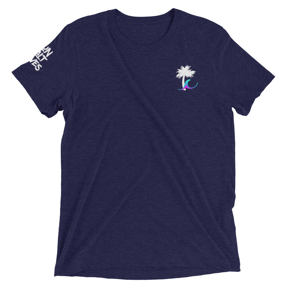 Paradise  Palm Tee Unisex Graphic Tee Palm and Wave Sun Salt Waves on Sleeve Men’s Women’s Navy