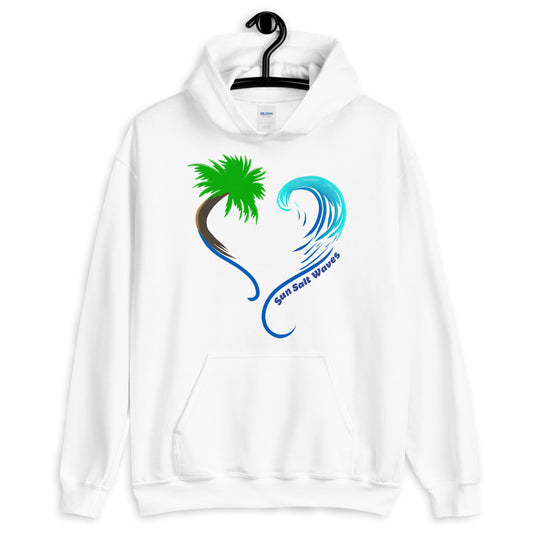 Sun Salt Waves Rising Tides Indigo Blue Hoodie Unisex Men’s Women’s Graphic Heart Shaped Multi Color Wave and Palm Silhouette White