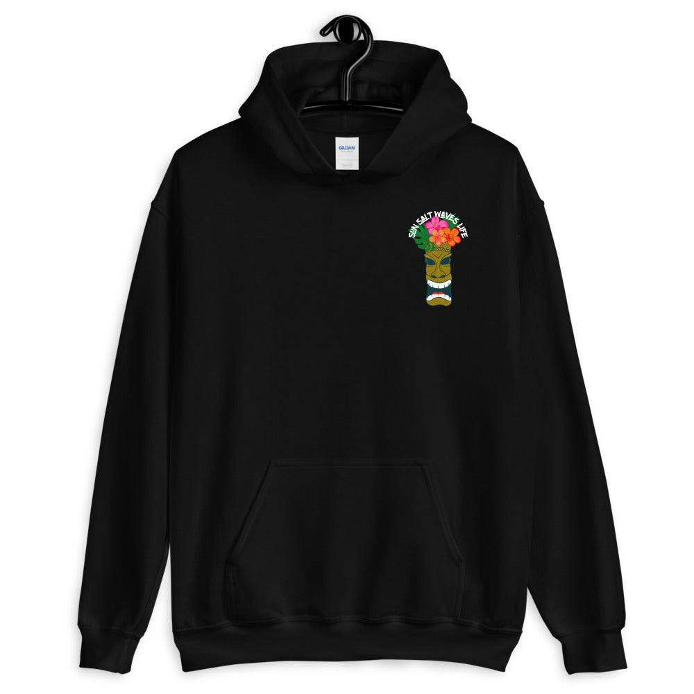 Sun Salt Waves Tiki Black Hoodie Unisex Men's Women's Graphic Tiki with Flower Crown