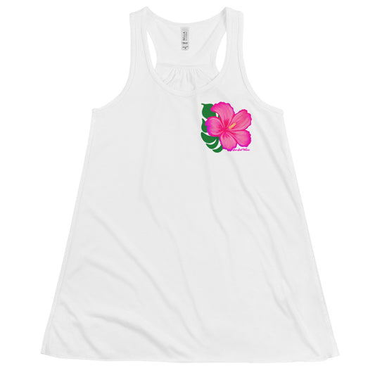 Hibiscus Flowy Racerback Tank Pink Hibiscus Graphic Tank Women’s Junior’s Sun Salt Waves White