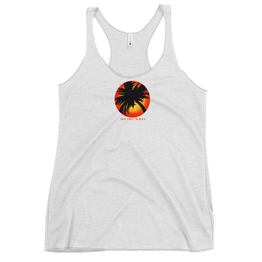 Sunset Palm Racerback Tank Palm Silhouette Sunset Women Junior White Fleck