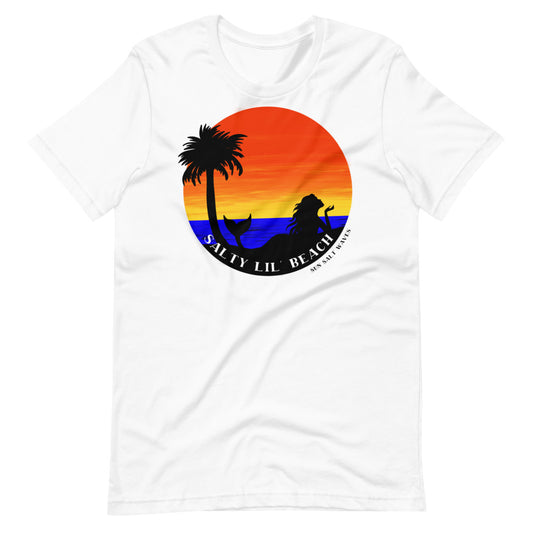 Salty Beach Tee Unisex Sun Salt Waves Mermaid and Palm Silhouette Colorful Sea and Sunset White